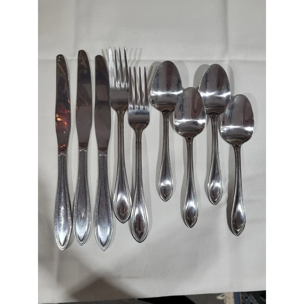 Pfaltzgraff American Bead 18/0 Stainless Flatware 9pc Set Spoons Forks Knives
